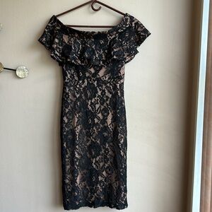 Mustard Seed Womens Black Nude Dress Lace Off Shoulder Ruffle ST1925